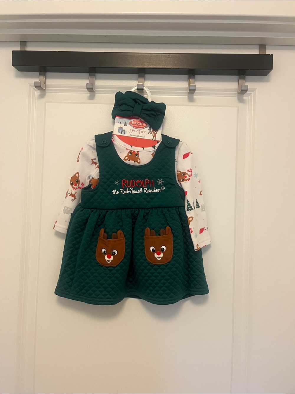 Green Quilted Reindeer Pinafore Dress with Printed Top - Kids